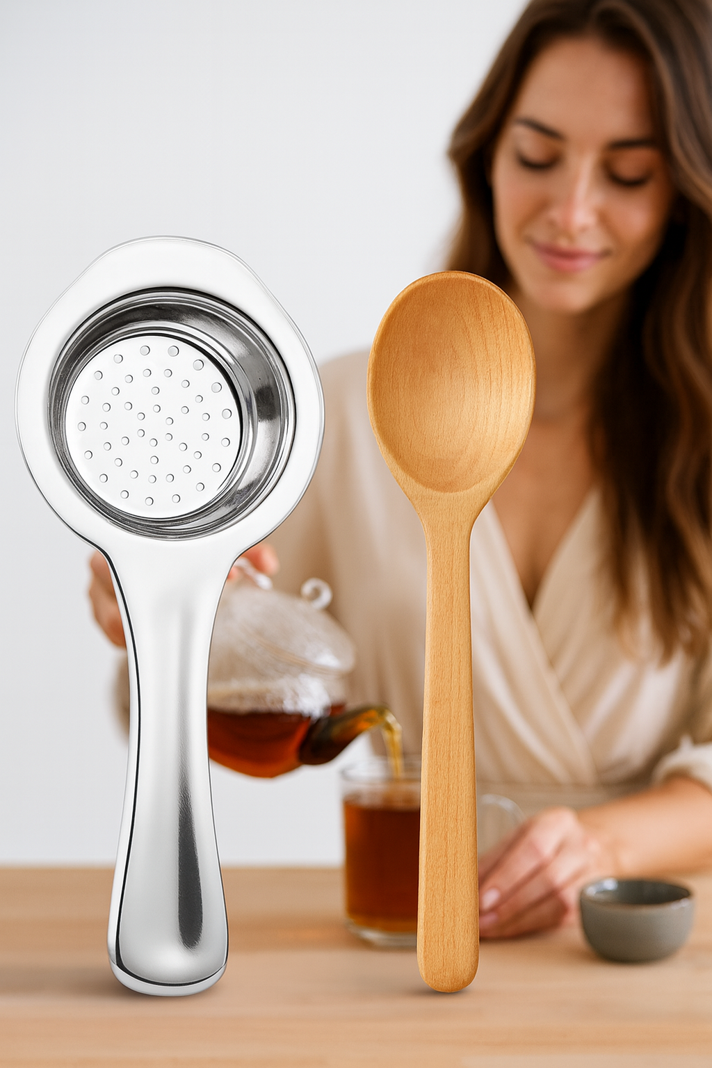 Homecare Paslanmaz Metal Çay Süzgeci Ahşap Kaşık Seti 7143401