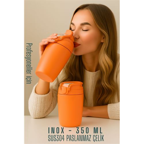 TransForMacion Inox Çelik Kahve Bardağı - 350 ml  SUS304 Çelik Termos Profesyonel TURUNCU  722131