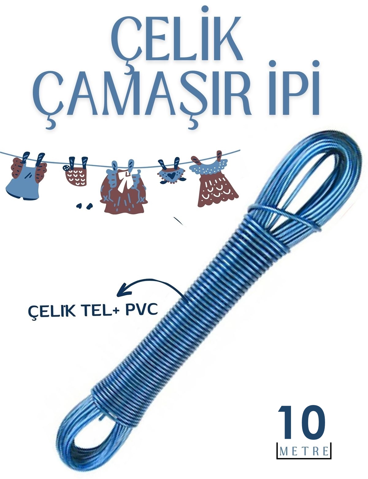 10 mt Çelik Çamaşır İpi Pvc Kaplı Dayanıklı Çamaşır İpi Balkon Çamaşır İpi