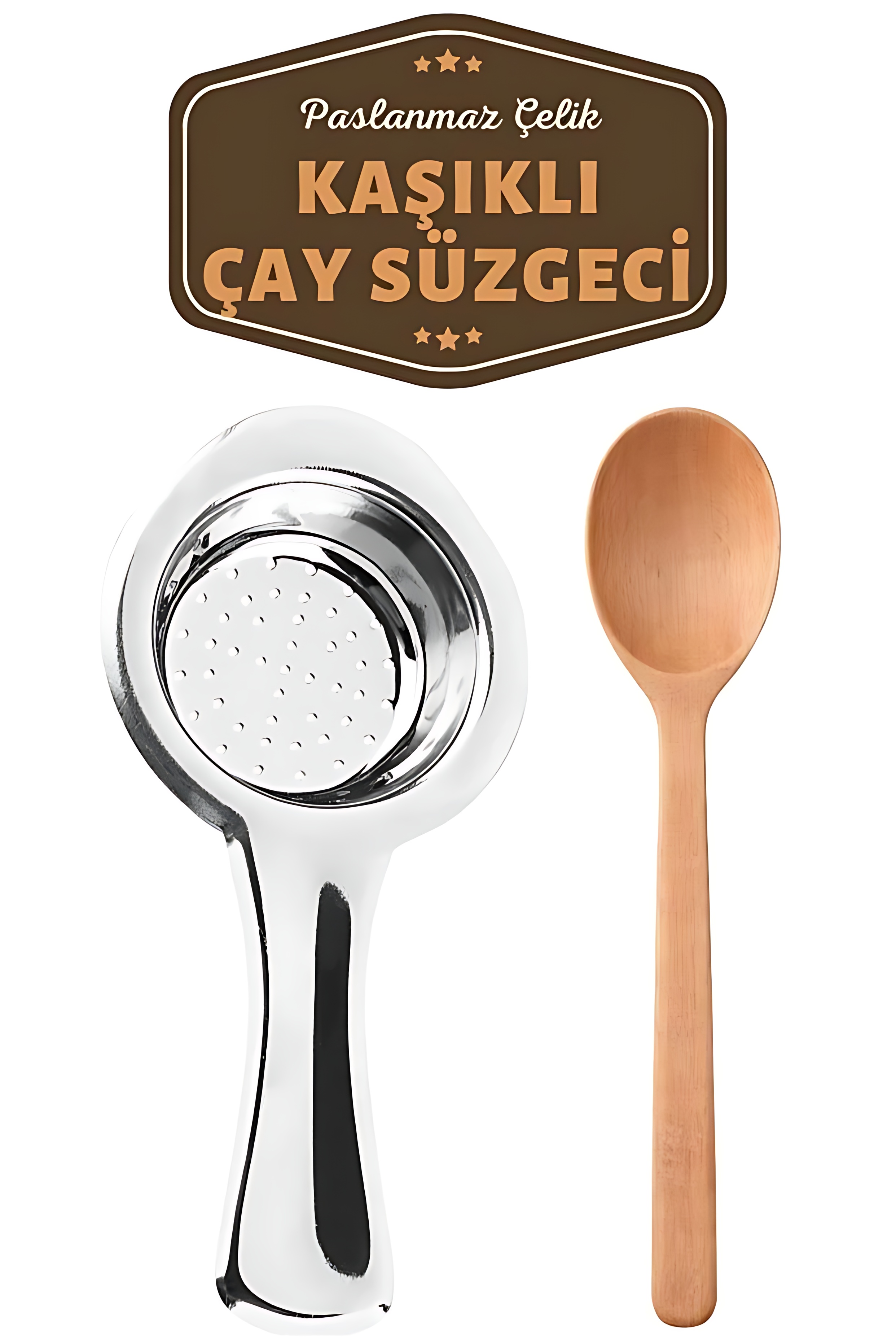 Homecare Paslanmaz Metal Çay Süzgeci Ahşap Kaşık Seti 
