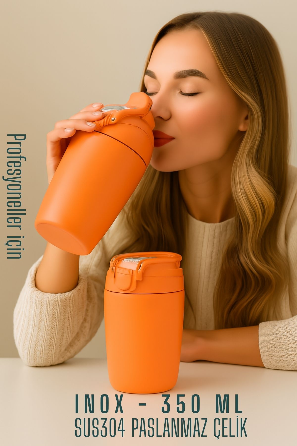 Inox Çelik Kahve Bardağı - 350 ml  SUS304 Çelik Termos Profesyonel TURUNCU  