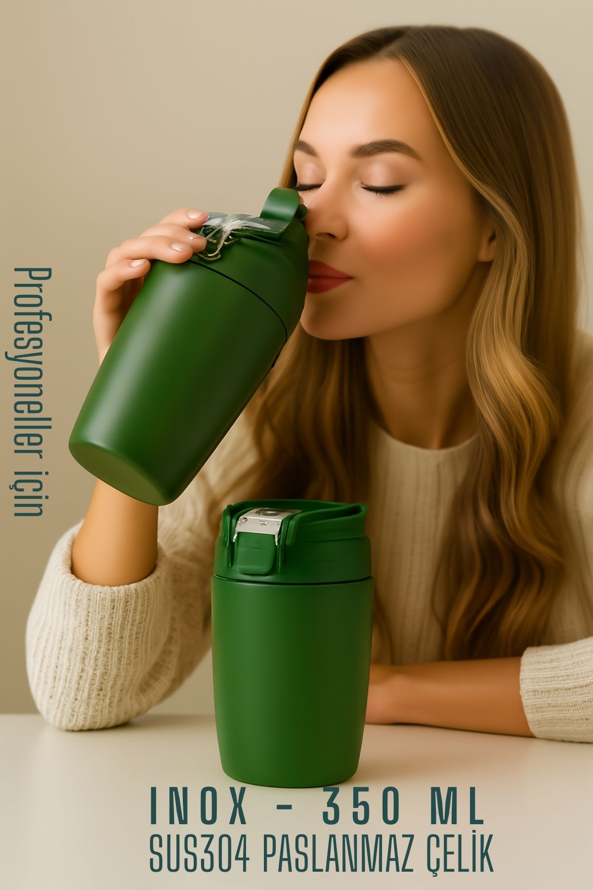 Inox Çelik Kahve Bardağı - 350 ml  SUS304 Çelik Termos Profesyonel YEŞİL 