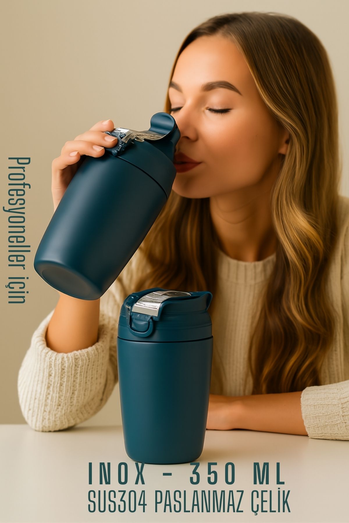 Inox Çelik Kahve Bardağı - 350 ml  SUS304 Çelik Termos Profesyonel MAVİ 