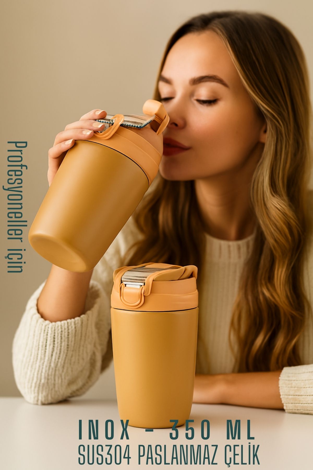 Inox Çelik Kahve Bardağı - 350 ml  SUS304 Çelik Termos Profesyonel LATTE 