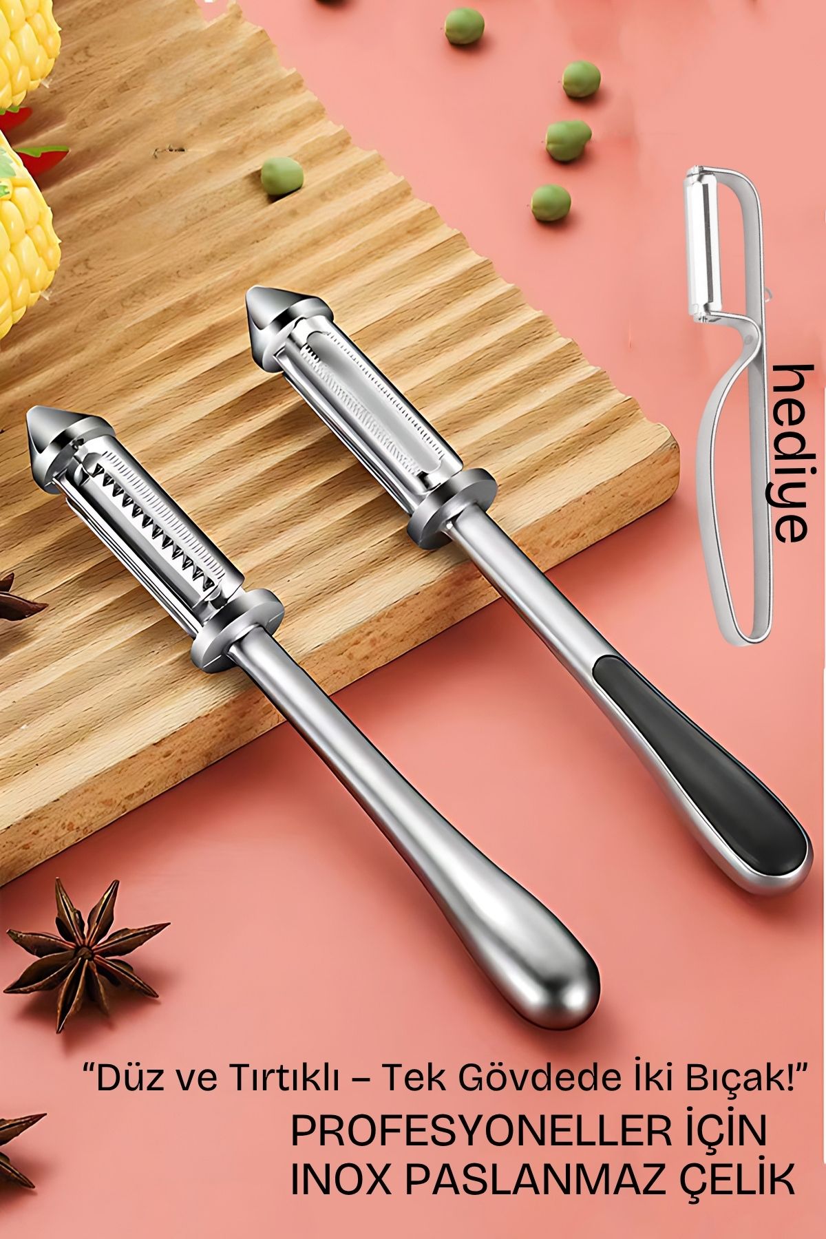 2 Bıçaklı Inox Paslanmaz Çelik Sebze Soyacak | Düz ve Tırtıklı Bıçak | Çok Amaçlı Kullanım 722199