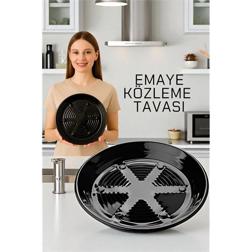 Modacar Emaye Közleme Tavası 31 cm - Fırına Uyumlu - Delikli Izgara Yüzeyli, Parlak Siyah 