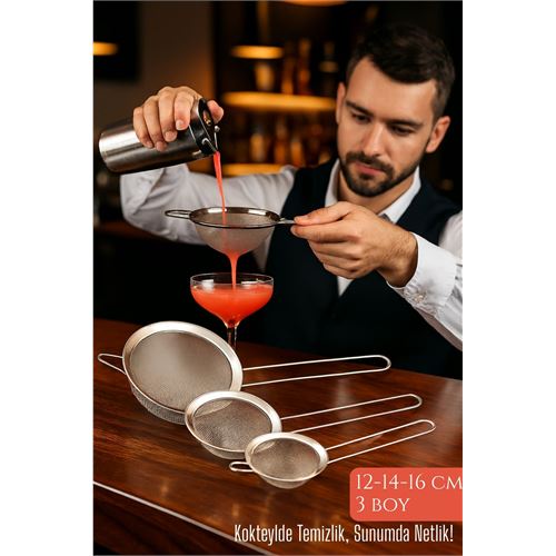 3’lü Bar Süzgeci Seti – 12-14-16 cm Çaplı Paslanmaz Çelik | Kokteyl ve Mutfak İçin 