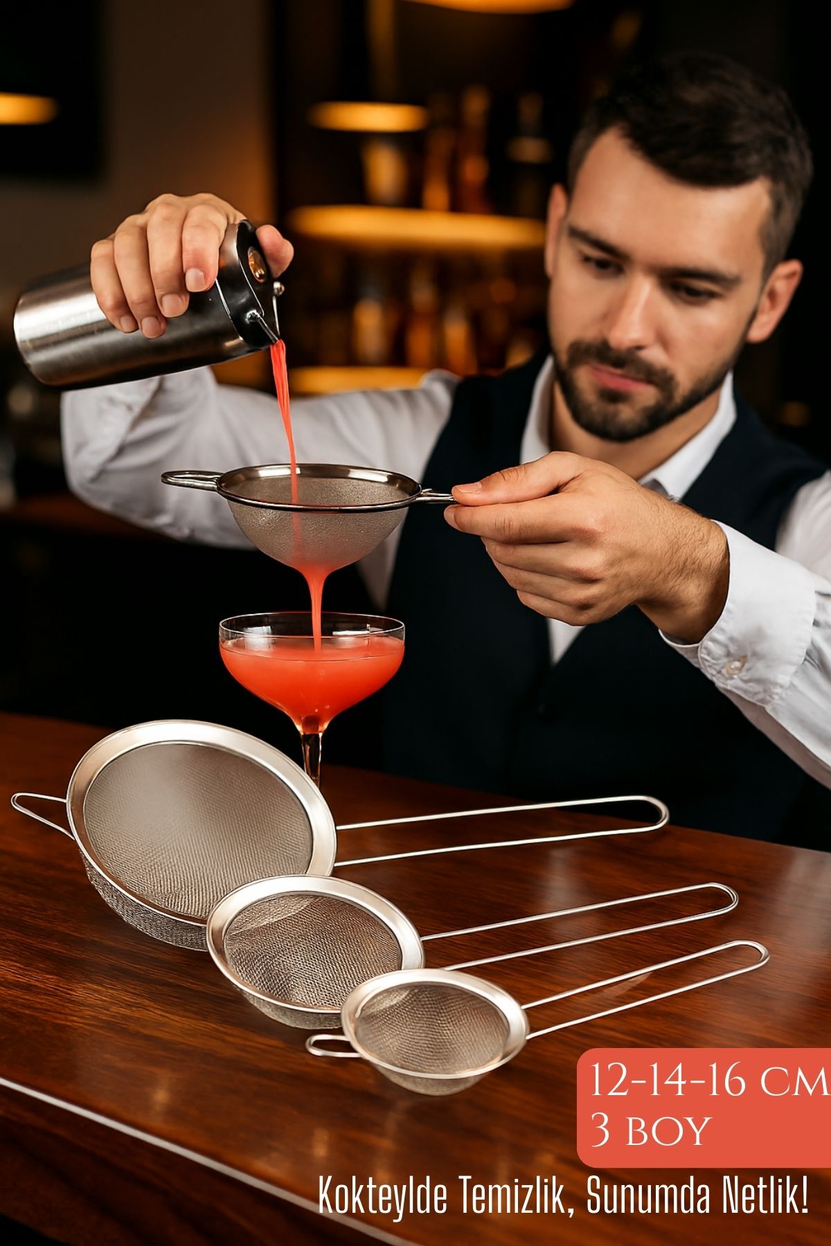 3’lü Bar Süzgeci Seti – 12-14-16 cm Çaplı Paslanmaz Çelik | Kokteyl ve Mutfak İçin 