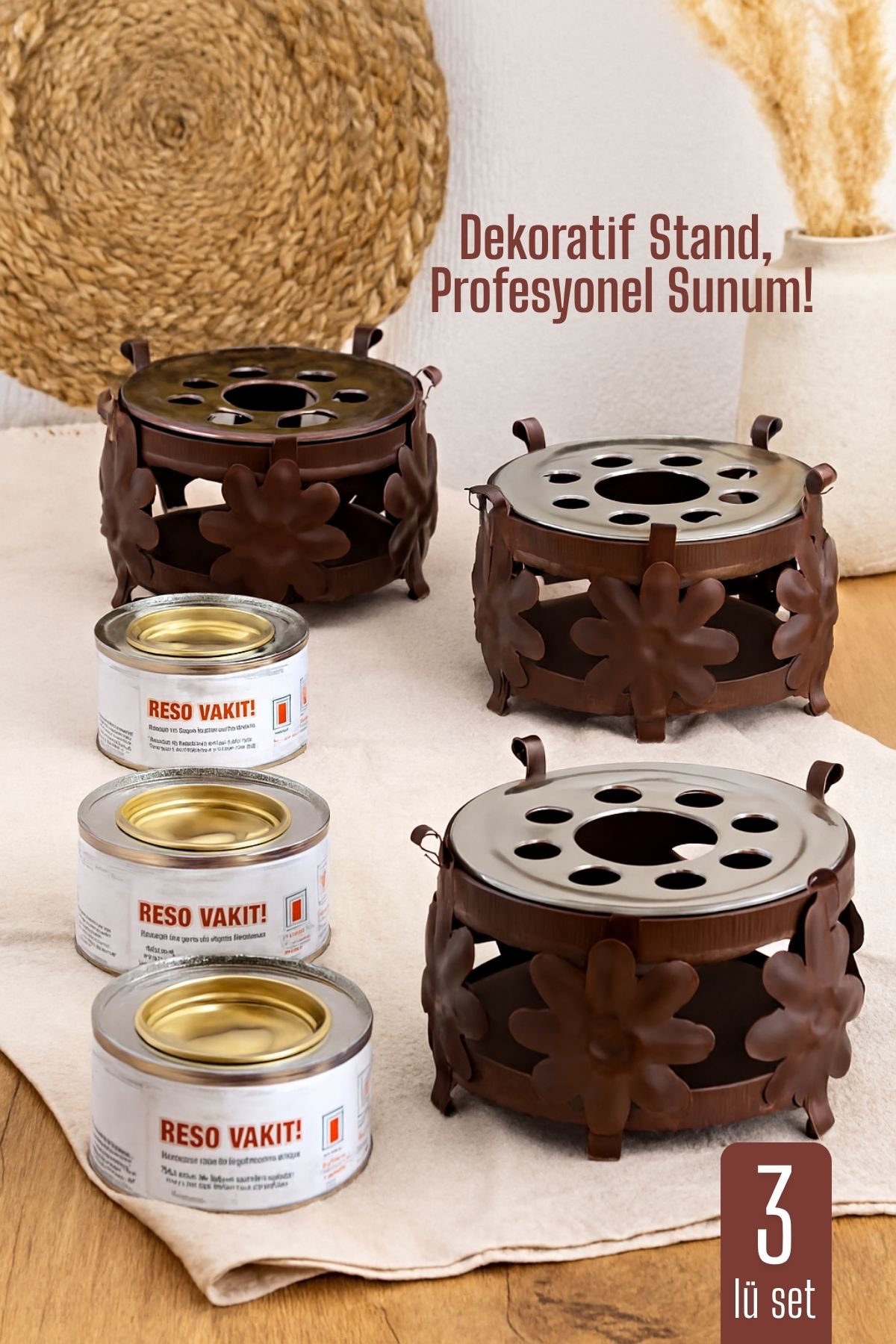 3 lü SET Dekoratif Metal Osmanlı Ocağı ve Reşo Yakıtı – Isıtmalı Sunum İçin Güvenli ve Şık Çözüm 