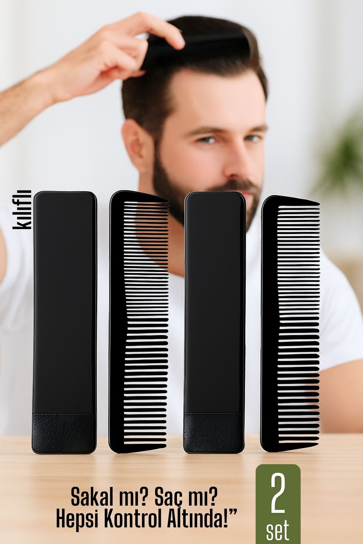 2 li Kılıflı Cep Tarağı – 14 x 3 cm | Kompakt, Şık ve Taşınabilir Erkek Bakım Tarağı 