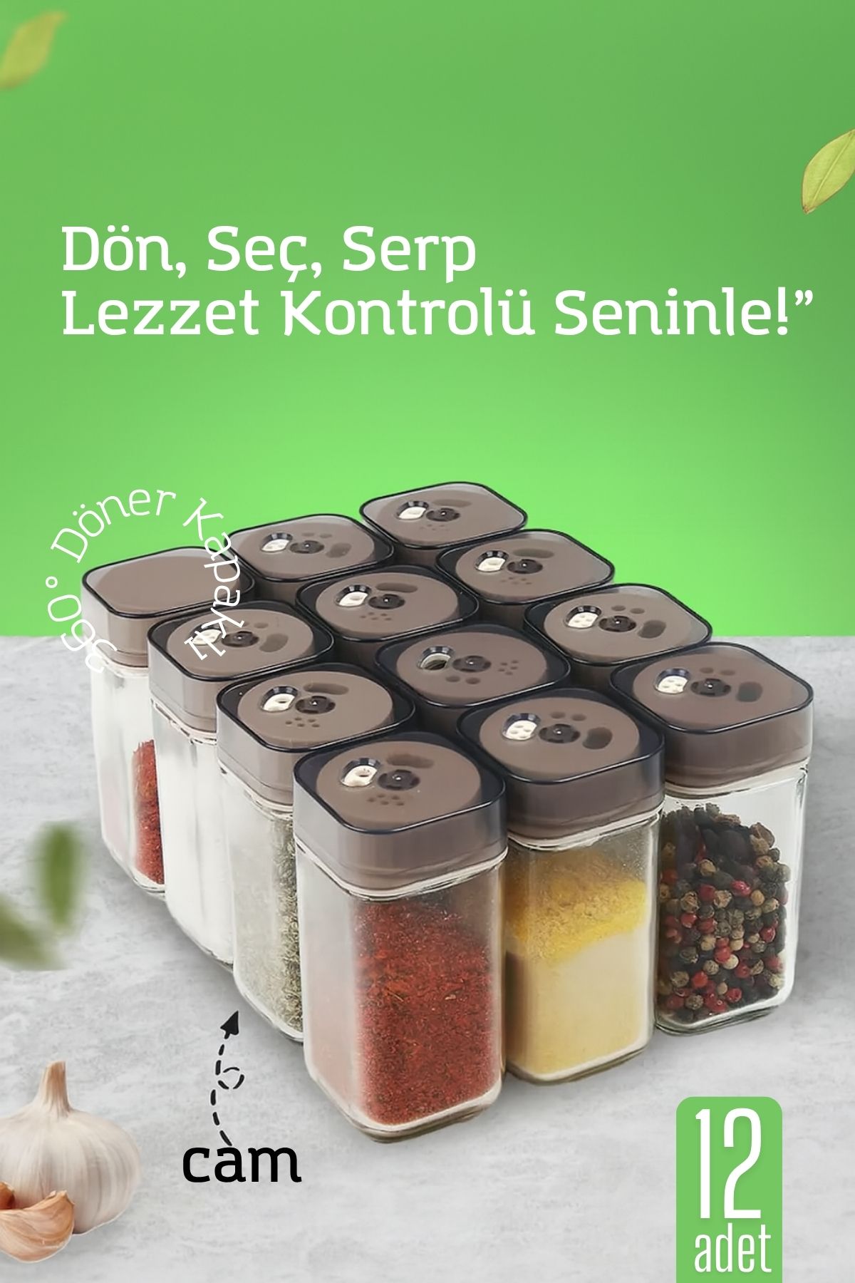 Cam Tuzluk Baharatlık – 360° Döner Kapaklı | 3 Delik Tipiyle Ayarlanabilir Akış  12 ADET 