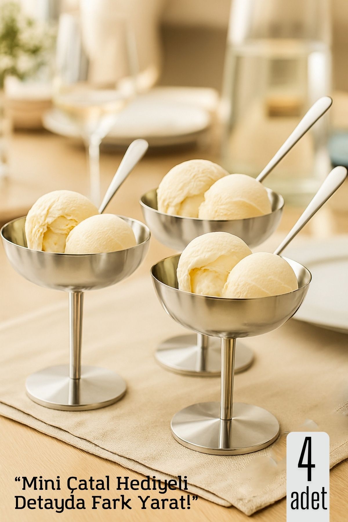 4 lü Gümüş Inox Çelik Ayaklı Dondurma ve Sunum Kasesi – Tatlı, Lokum ve Sunum Kabı 