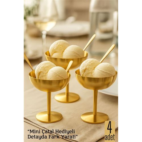 Modacar 4 lü Gold Inox Çelik Ayaklı Dondurma ve Sunum Kasesi – Tatlı, Lokum ve Sunum Kabı 