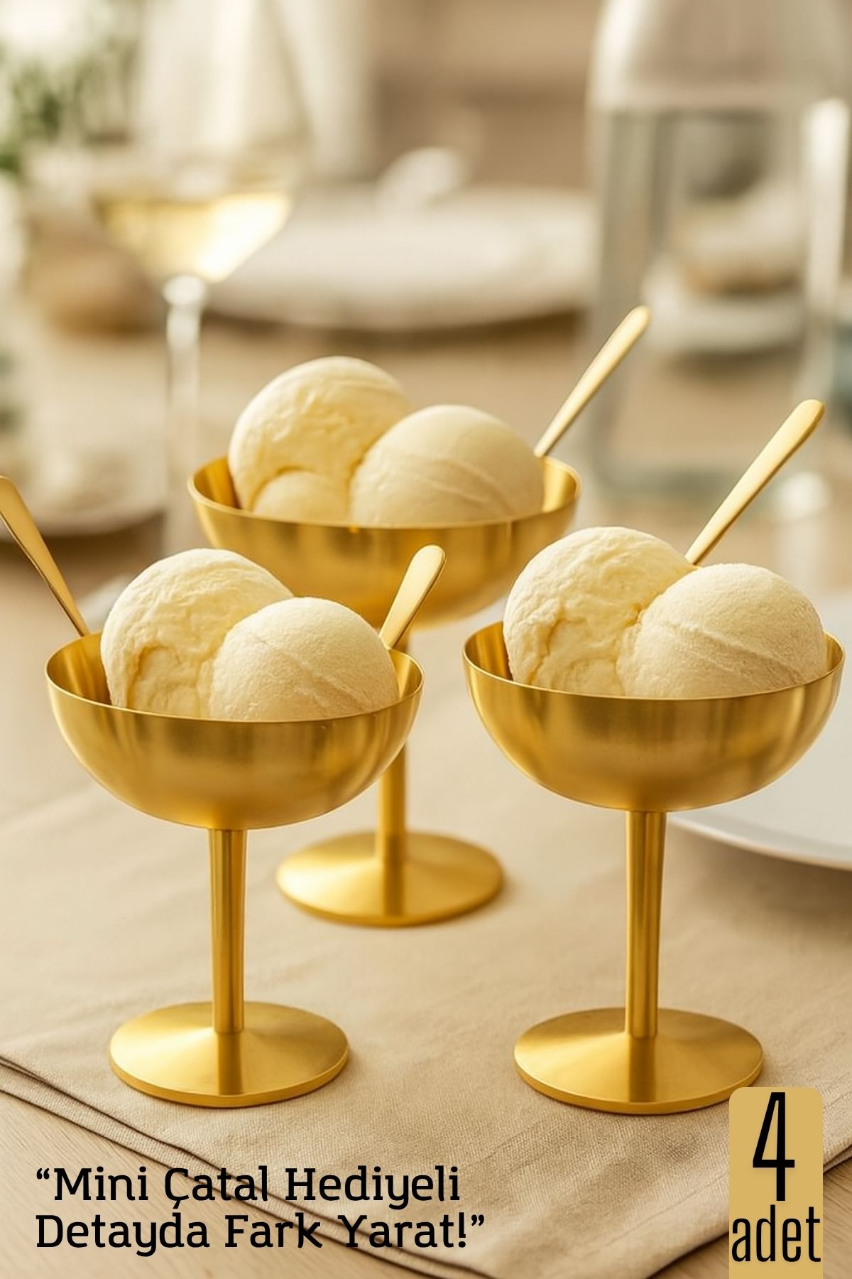 4 lü Gold Inox Çelik Ayaklı Dondurma ve Sunum Kasesi – Tatlı, Lokum ve Sunum Kabı 