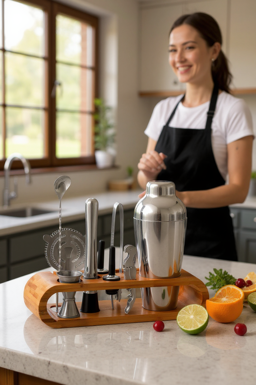 Shaker Kokteyl Set - 10 Parça 750 ML Shaker Coctail Set  Bambu Standlı 722202