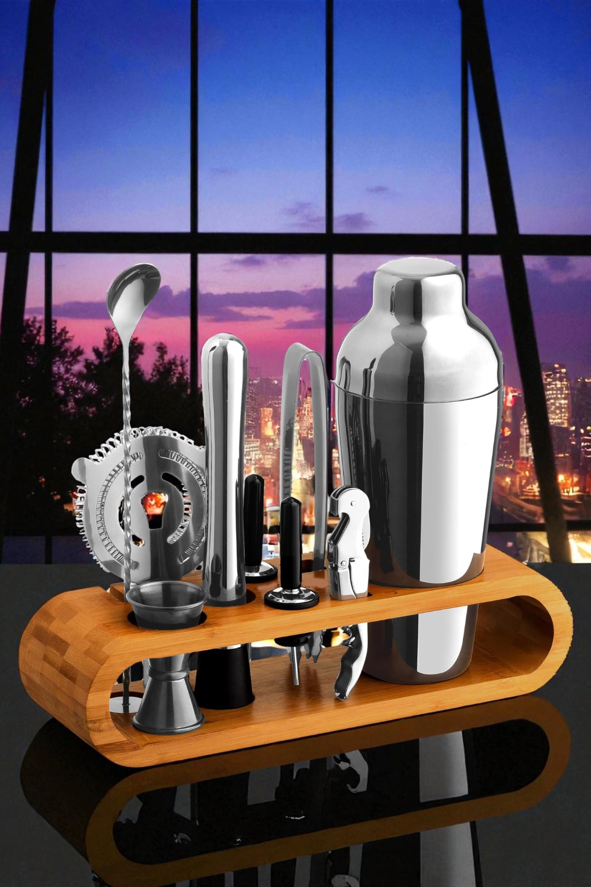 Shaker Kokteyl Set - 10 Parça 750 ML Shaker Coctail Set  Bambu Standlı 722202