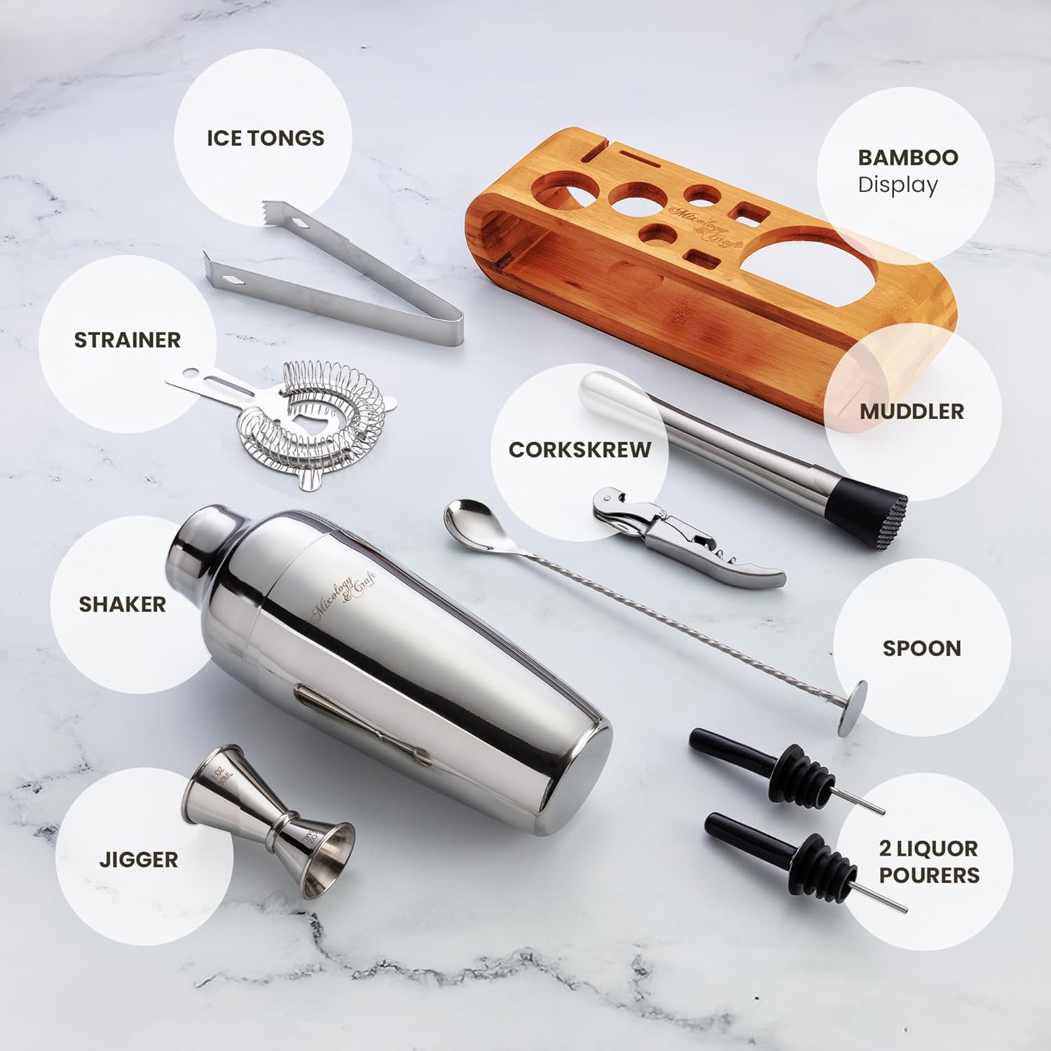 Shaker Kokteyl Set - 10 Parça 750 ML Shaker Coctail Set  Bambu Standlı 722202