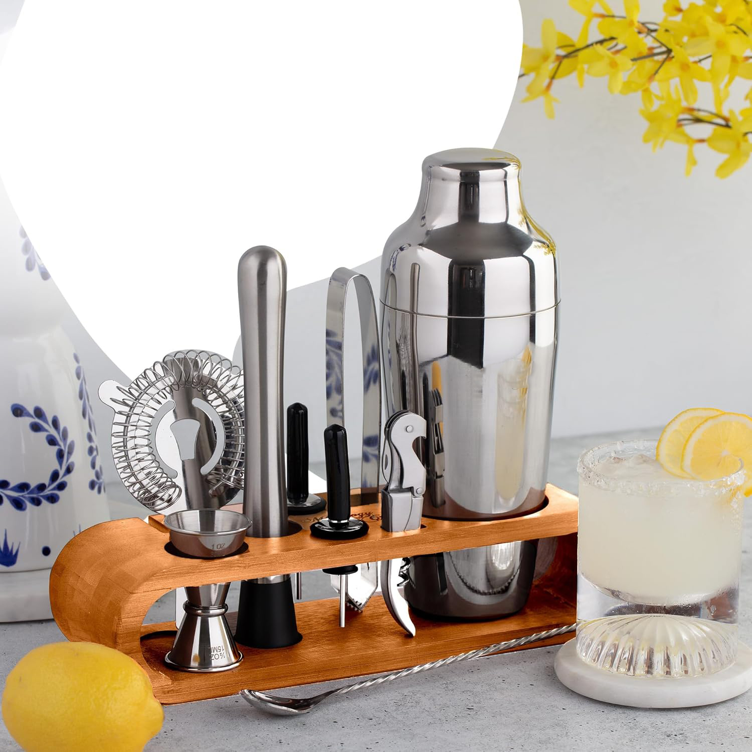 Shaker Kokteyl Set - 10 Parça 750 ML Shaker Coctail Set  Bambu Standlı 722202