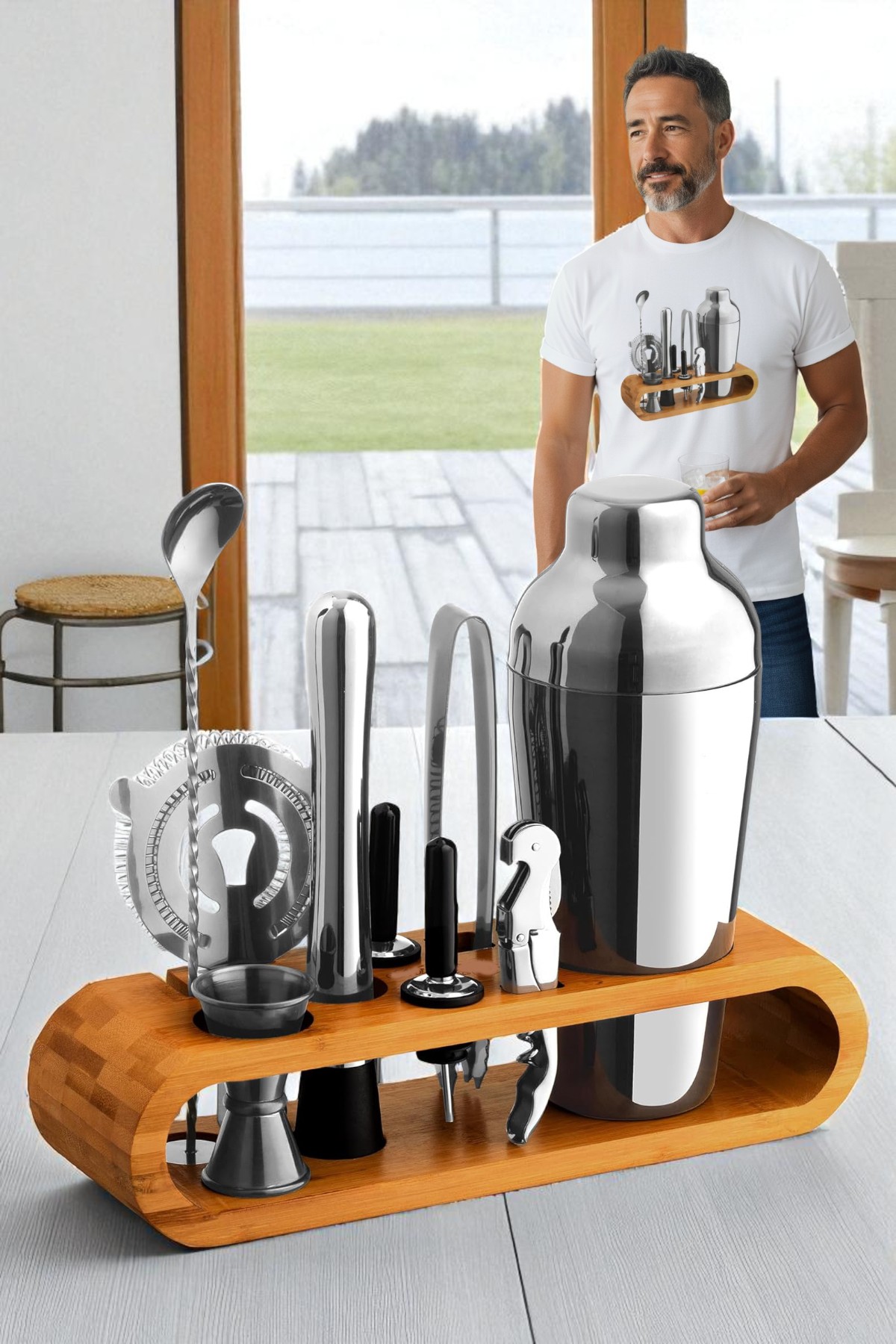 Shaker Kokteyl Set - 10 Parça 750 ML Shaker Coctail Set  Bambu Standlı 722202