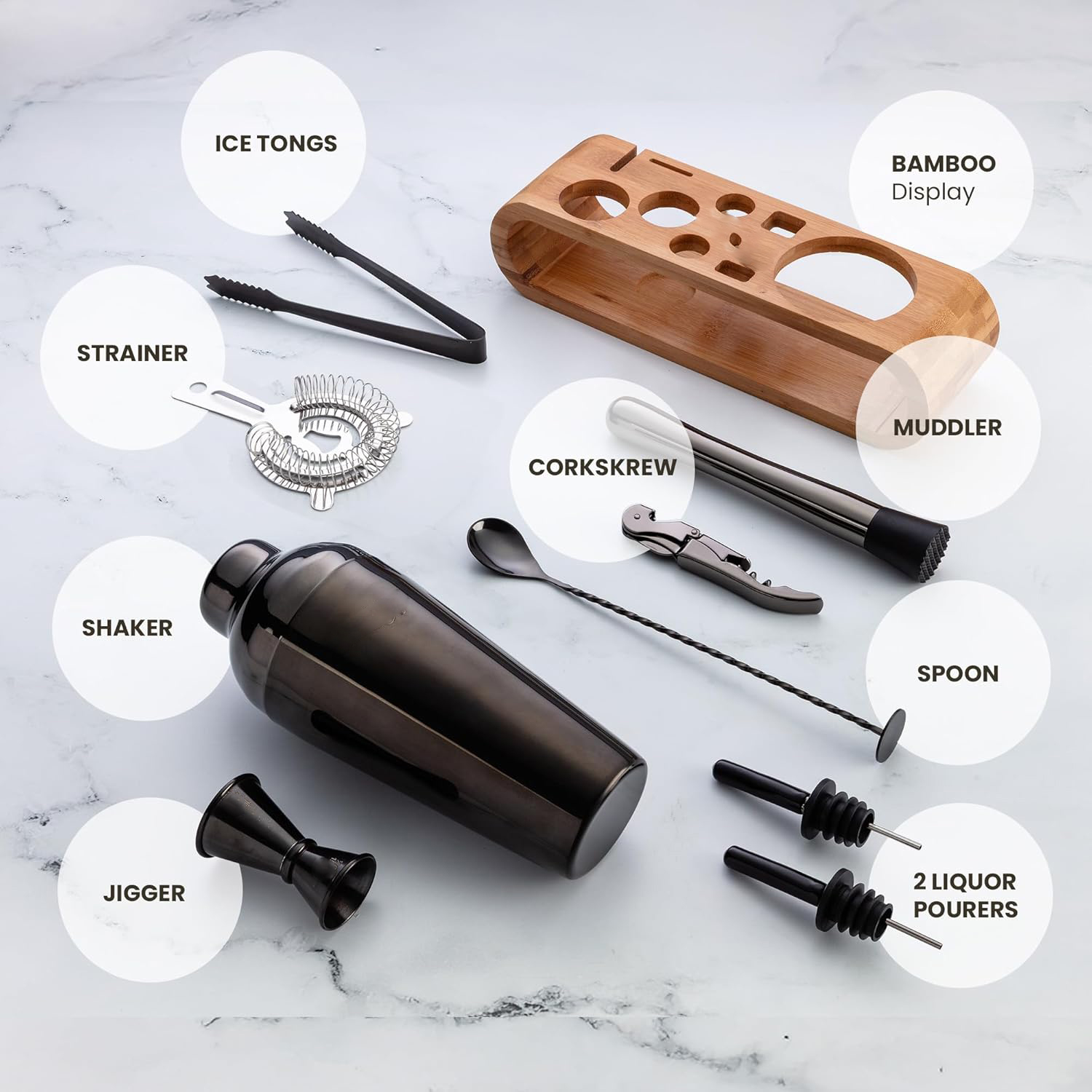 Shaker Kokteyl Set - 10 Parça 750 ML Shaker Coctail Set  Bambu Standlı 722203