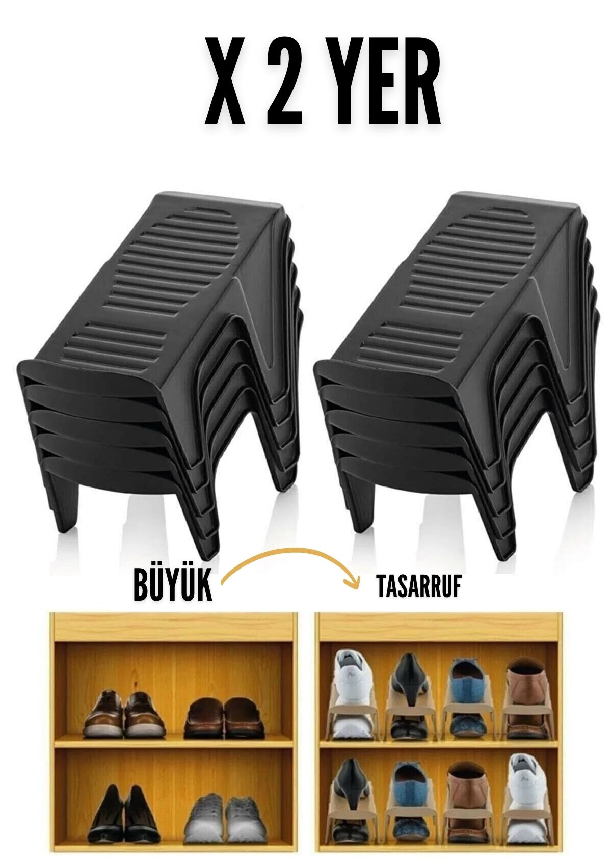 3’lü Ayakkabı Düzenleyici Set – Çift Katlı Tasarım | Dolap İçi Alan Tasarrufu | Kaymaz Yüzey 714507