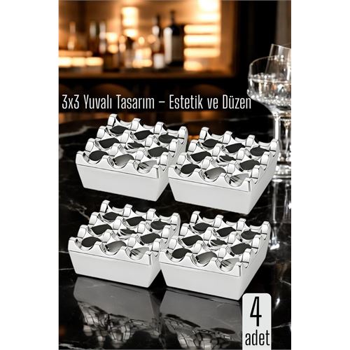 Transformacion 4 lü Metal Döküm Küllük – 3x3 Yuvalı, Krom , Modern ve Ağırlıklı Tasarım 722219