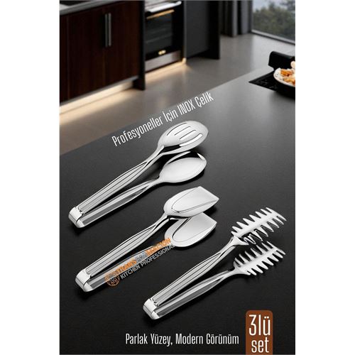 TransForMacion 3’lü İnox Çelik Mutfak Maşa Seti - Makarna Pasta Salata Çok Amaçlı Maşa 3 lü SET 722225