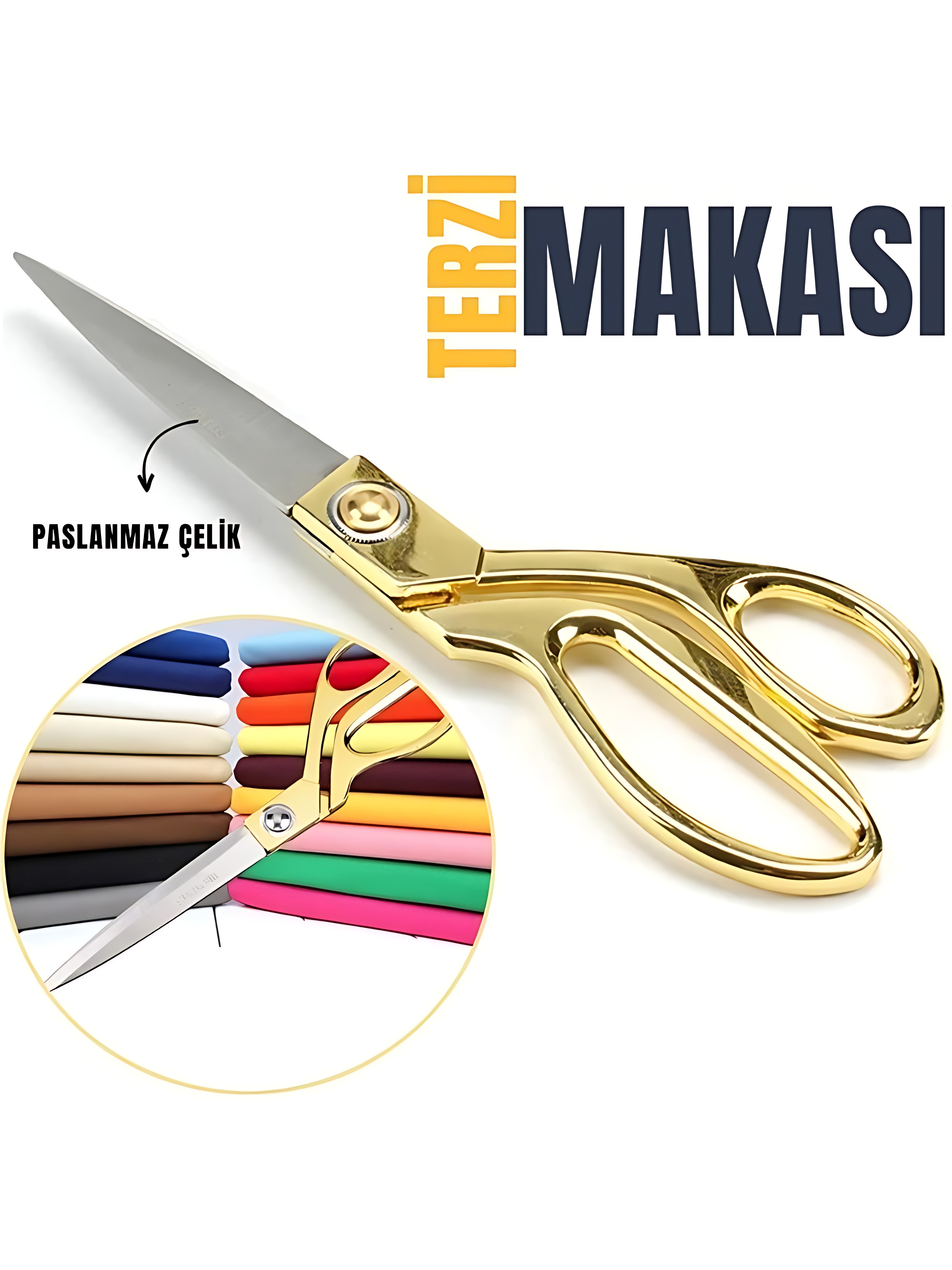  Terzi Makası – Paslanmaz Çelik Bıçaklı, Altın Renkli Profesyonel Kumaş Kesme Makası 