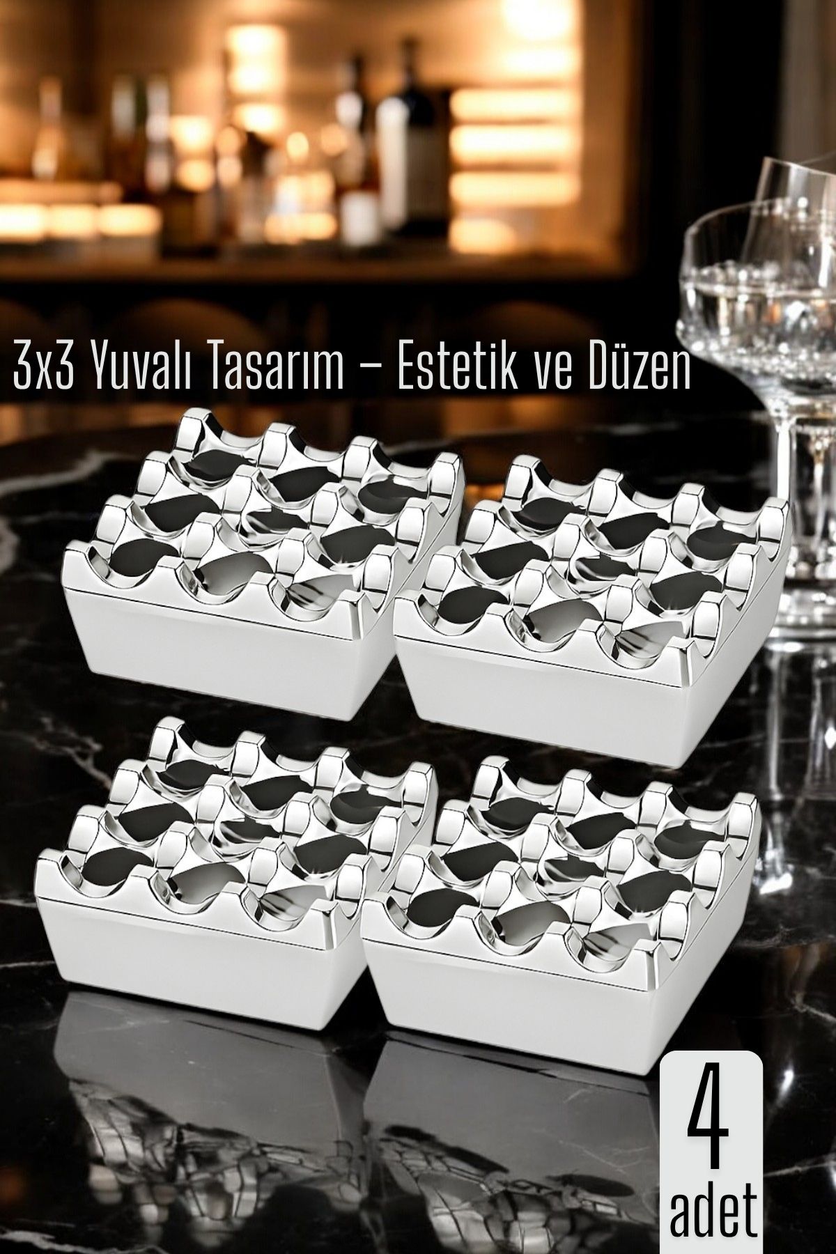 4 lü Metal Döküm Küllük – 3x3 Yuvalı, Krom , Modern ve Ağırlıklı Tasarım