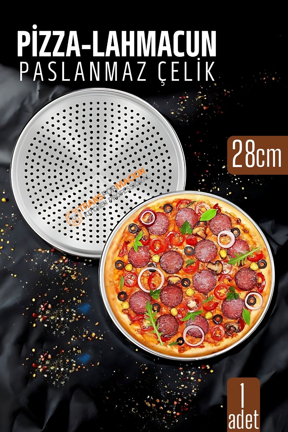 Paslanmaz Çelik Pizza-Lahmacun Tepsisi – Delikli Tasarım ile Mükemmel Pişirme 28 cm