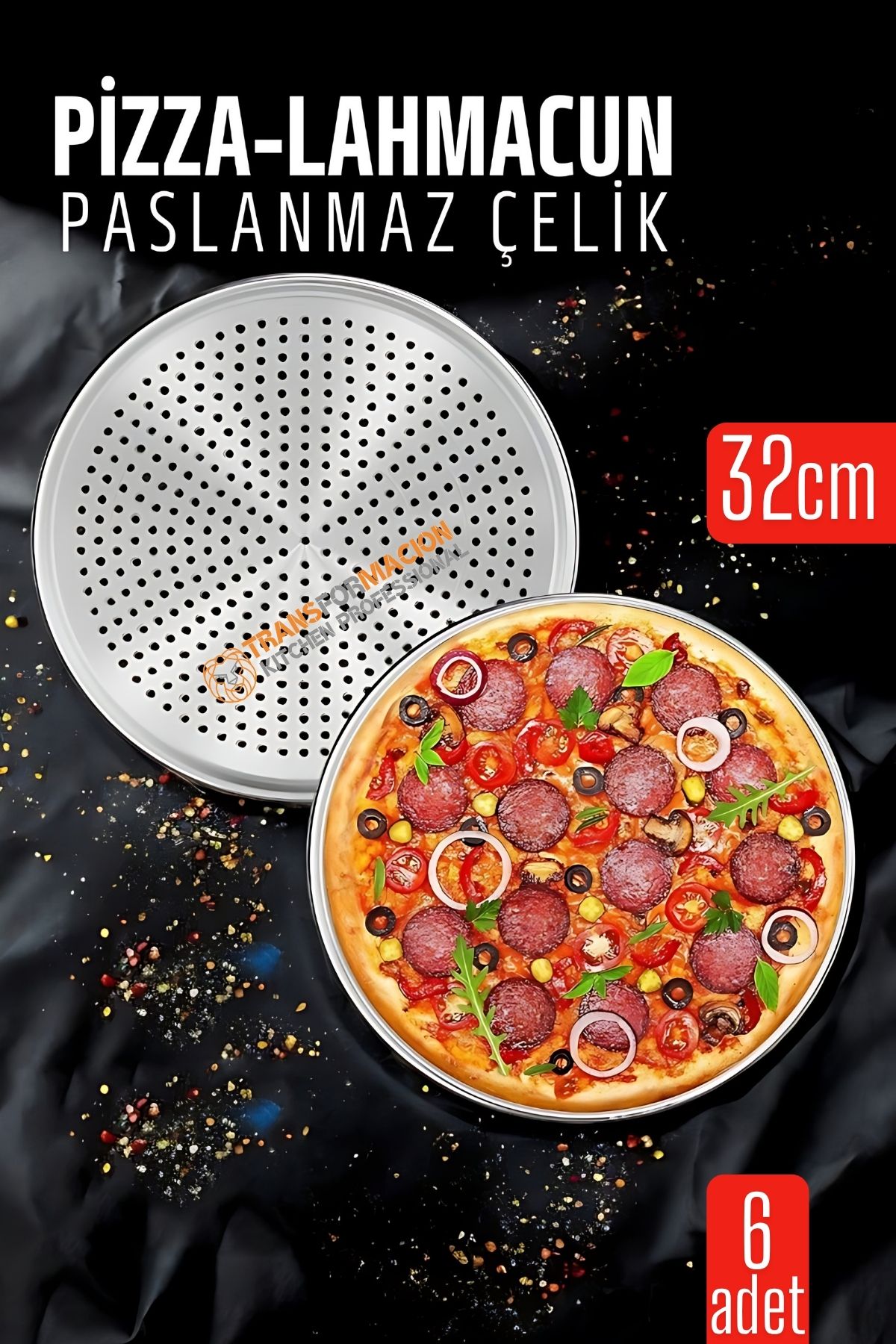 6 lı  Paslanmaz Çelik Pizza-Lahmacun Tepsisi – Delikli Tasarım ile Mükemmel Pişirme  32 cm