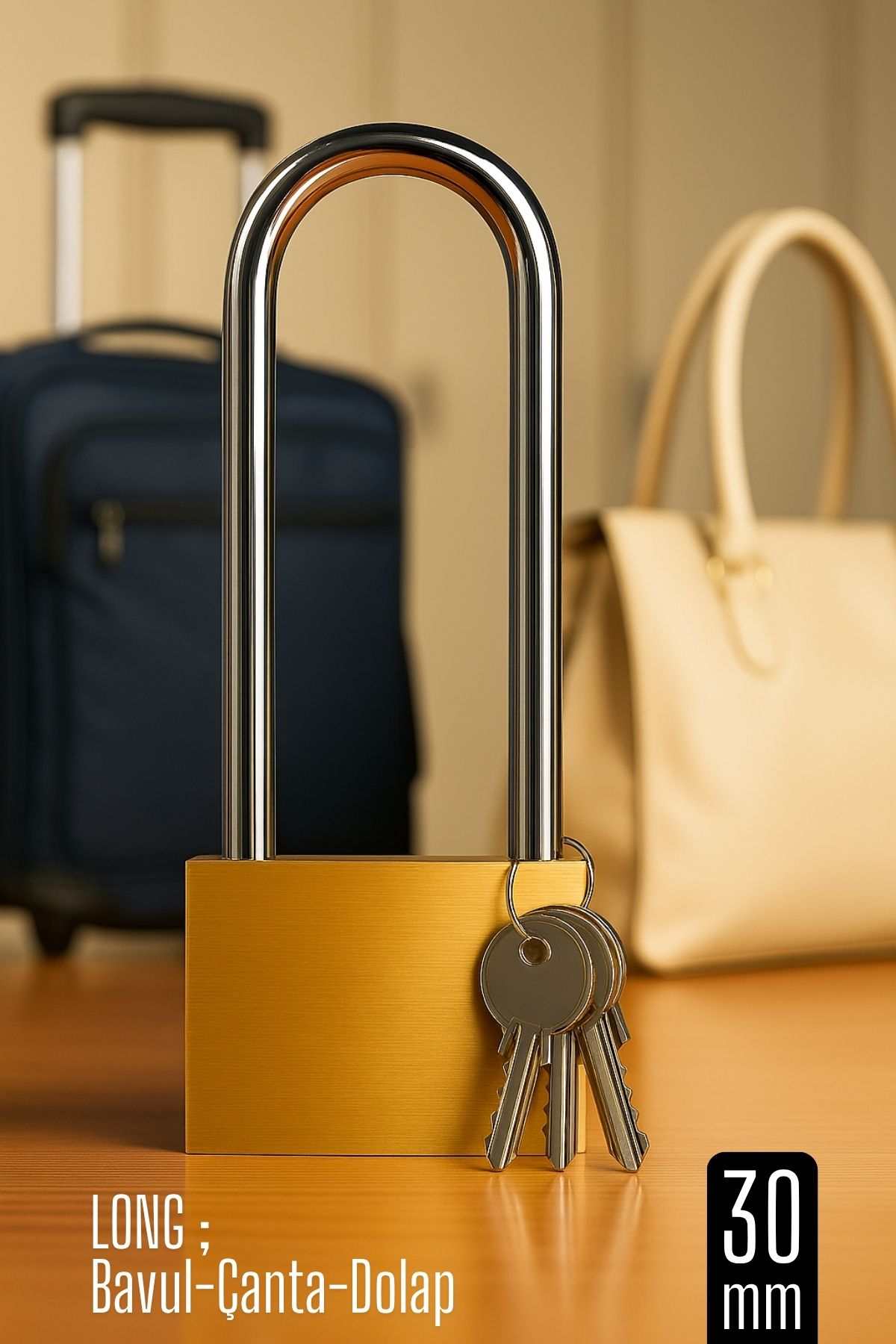 Long 30 mm Uzun Kelepçeli Bavul ve Çanta Asma Kilidi – 3 Anahtarlı, Dolap ve Seyahat İçin Güvenli
