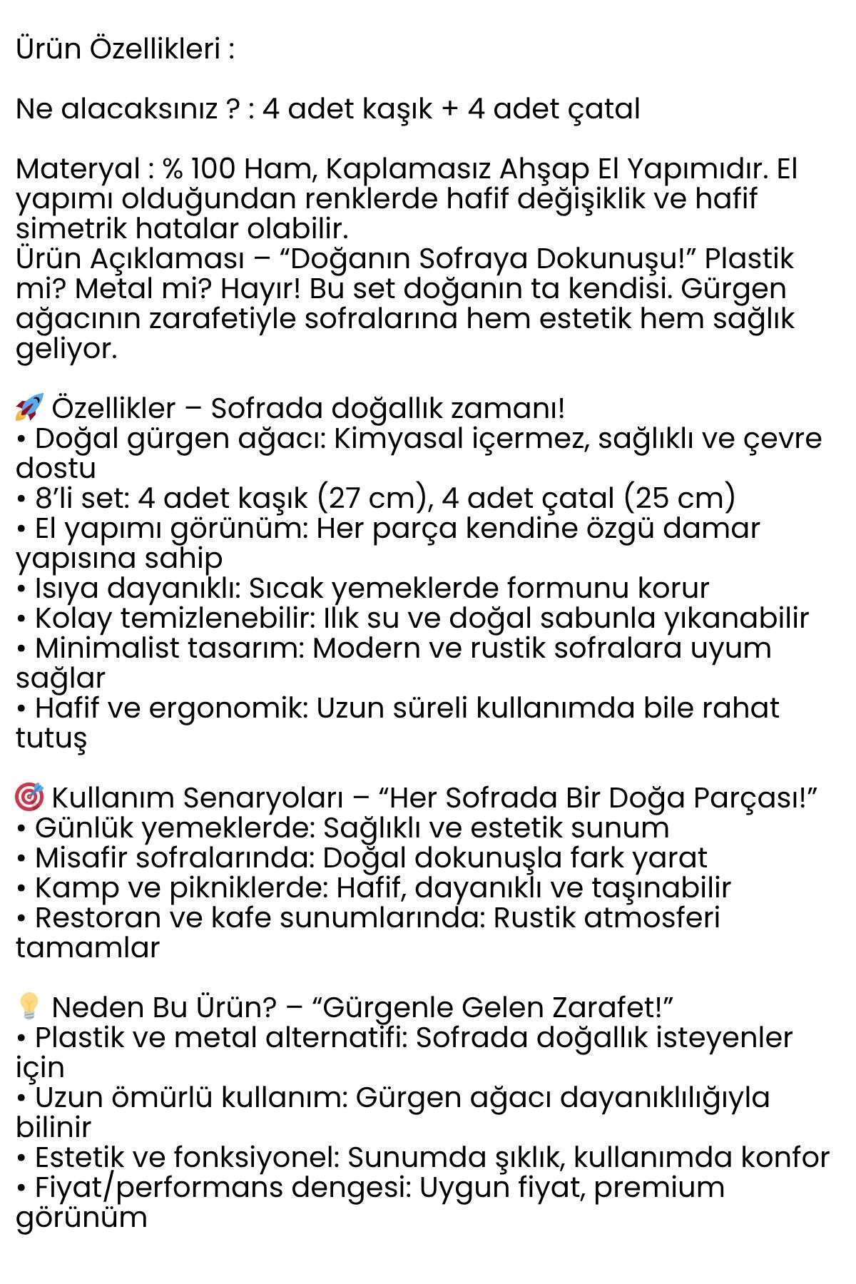 Doğal Gürgen Ağacı Kaşık & Çatal Seti – 8’li, 27 cm Kaşık / 25 cm Çatal 716420