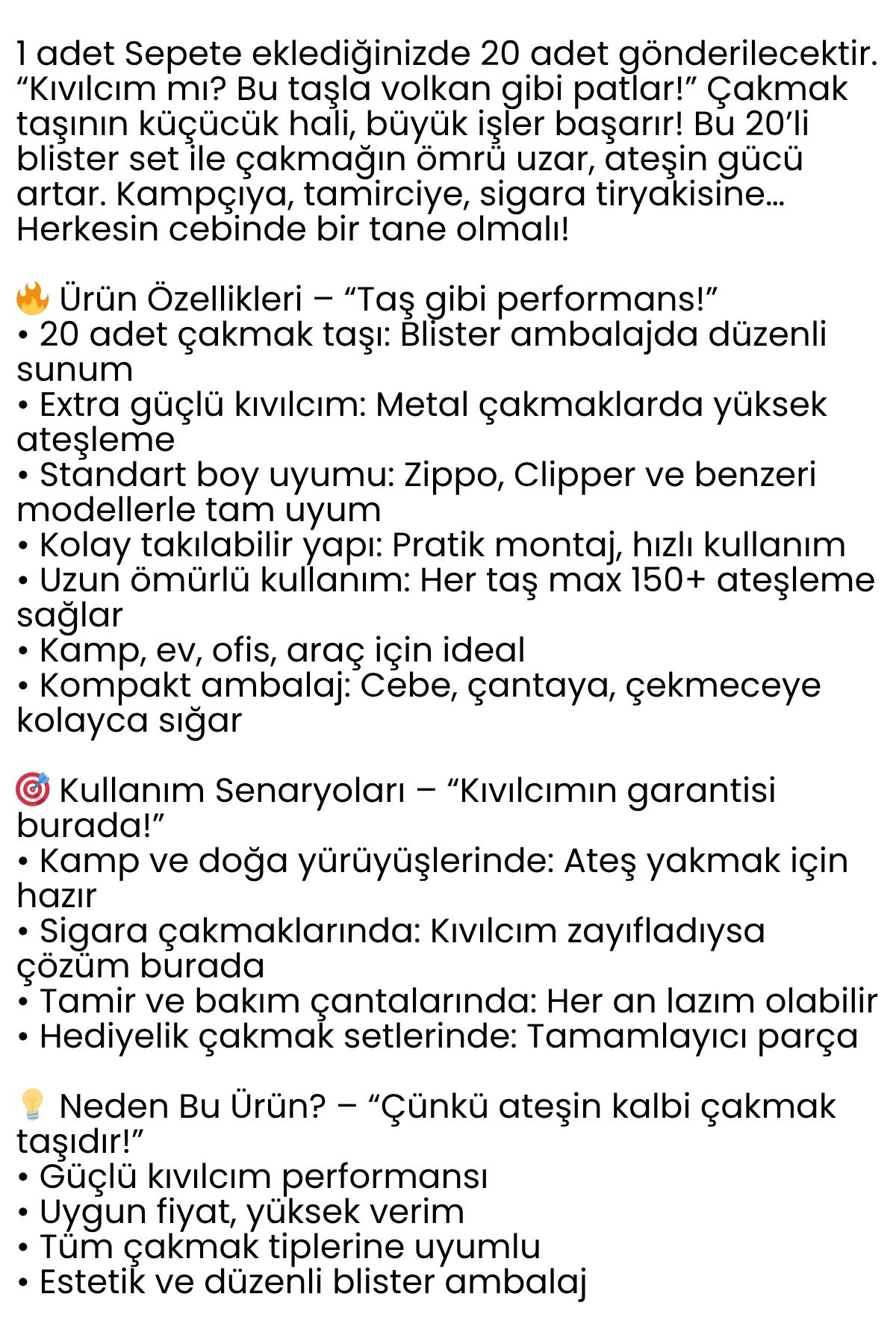 Çakmak Taşı 20’li Paket – Blister Set, Uzun Ömürlü ve Güçlü Kıvılcım Performansı 722251