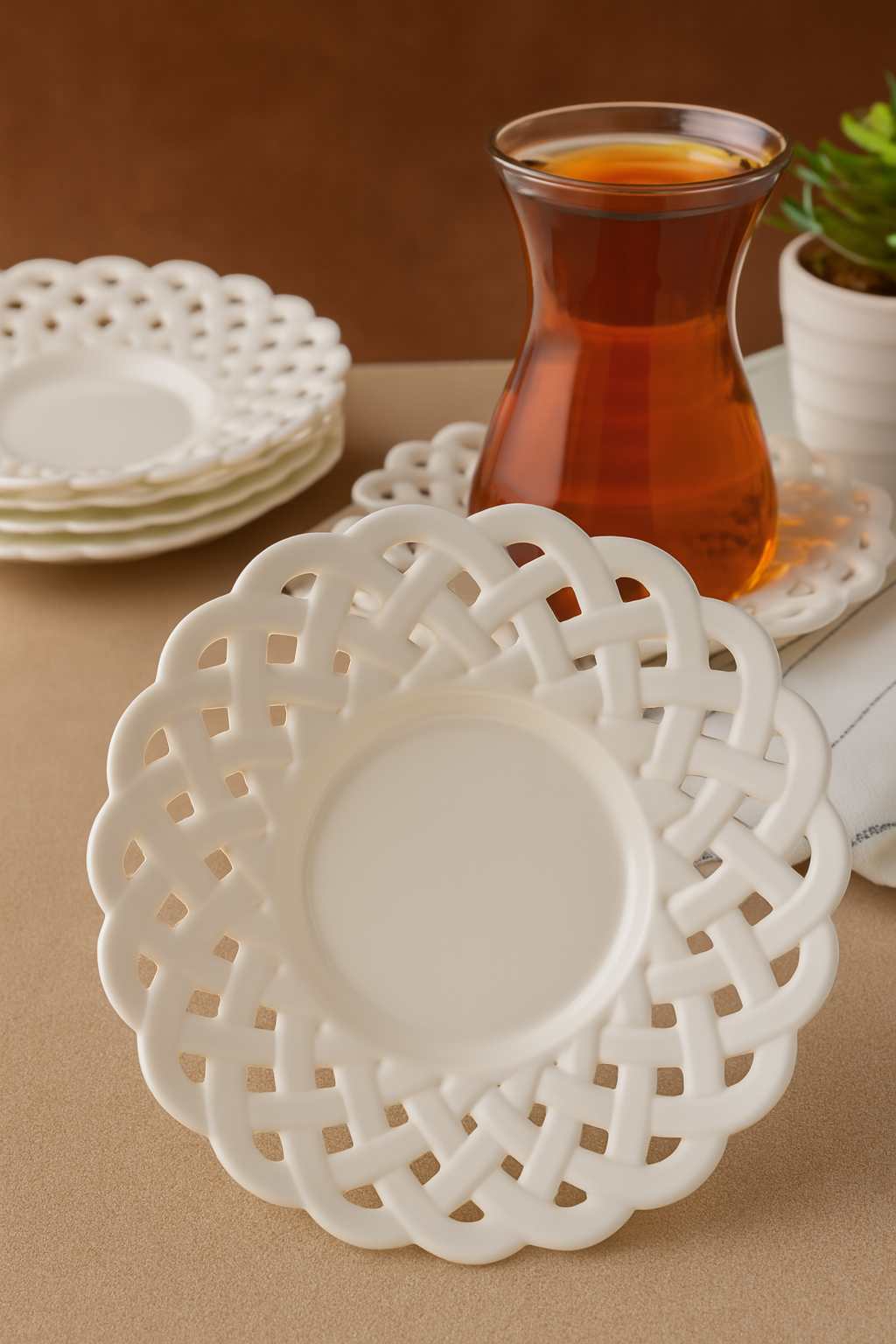 Porselen Görünümlü Plastik Çay Tabağı – 18'lı Set, Hafif, Şık ve Kırılmaz Tasarım 722253