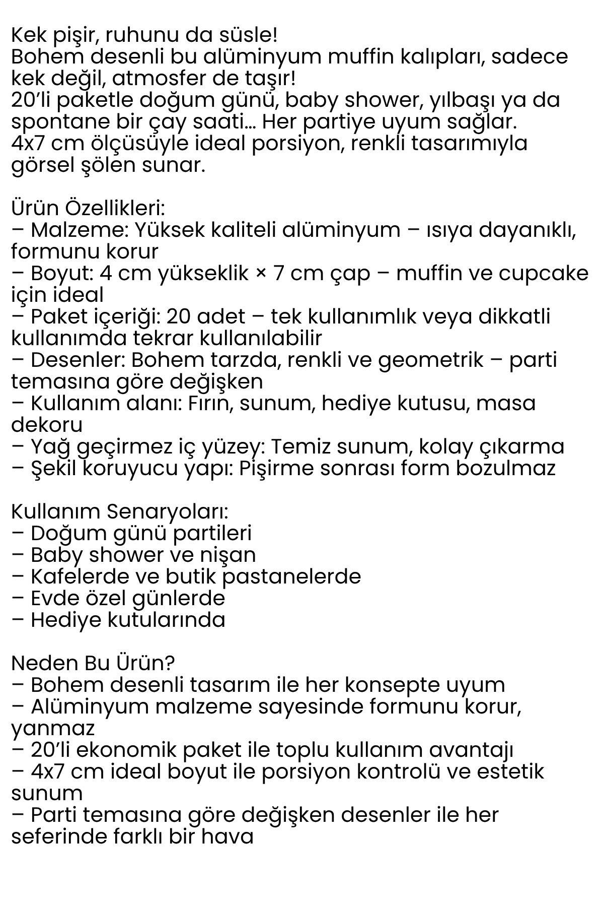 Bohem Yuvarlak Kek Kalıbı , Alüminyum  Cupcake Muffin Kalıbı 20'li Paket 722258