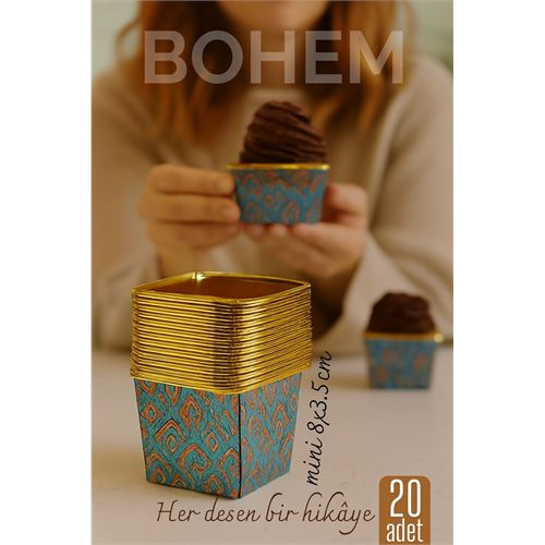 Bohem Kare Kek Kalıbı , Alüminyum  Cupcake Muffin Kalıbı 20'li Paket 722260