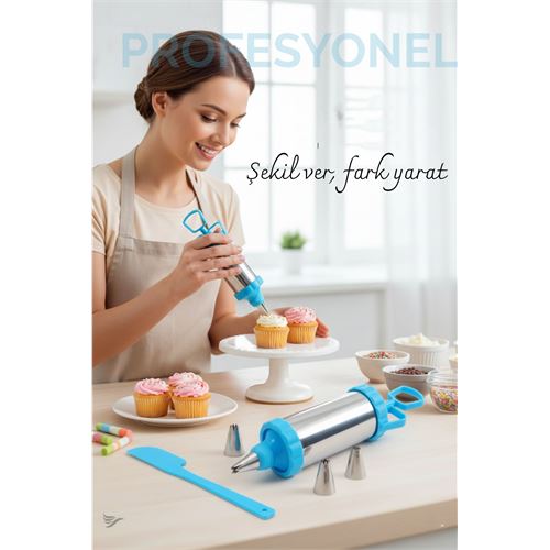 Krema Sıkma Pompası Paslanmaz Çelik – 3 Uçlu, 20 cm, Parti ve Pasta Dekorları İçin Profesyonel Yardımcı 722261