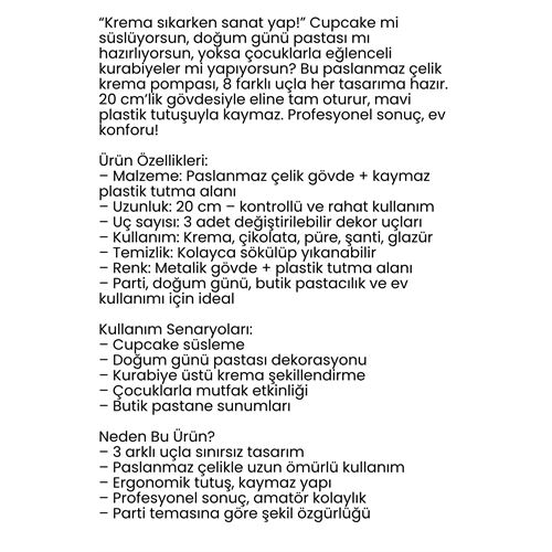 Krema Sıkma Pompası Paslanmaz Çelik – 3 Uçlu, 20 cm, Parti ve Pasta Dekorları İçin Profesyonel Yardımcı 722261