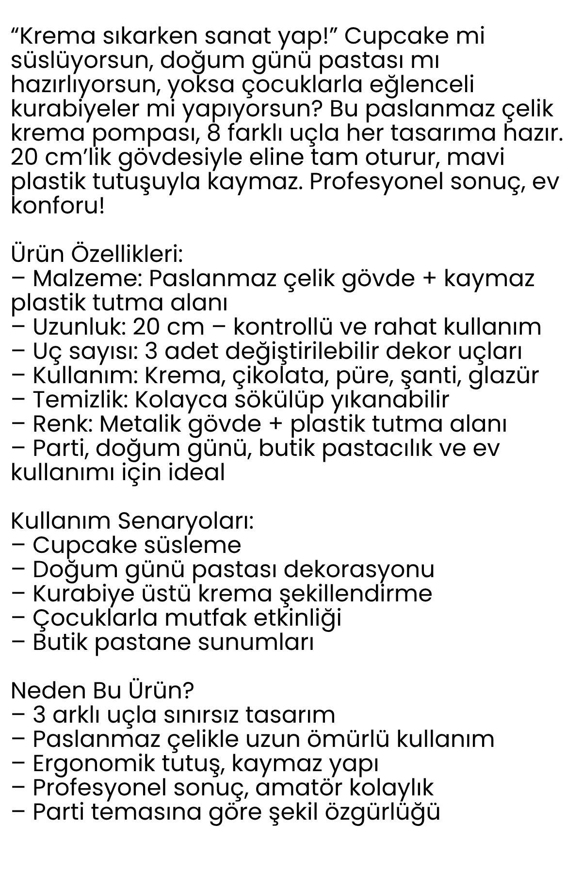 Krema Sıkma Pompası Paslanmaz Çelik – 3 Uçlu, 20 cm, Parti ve Pasta Dekorları İçin Profesyonel Yardımcı 722261