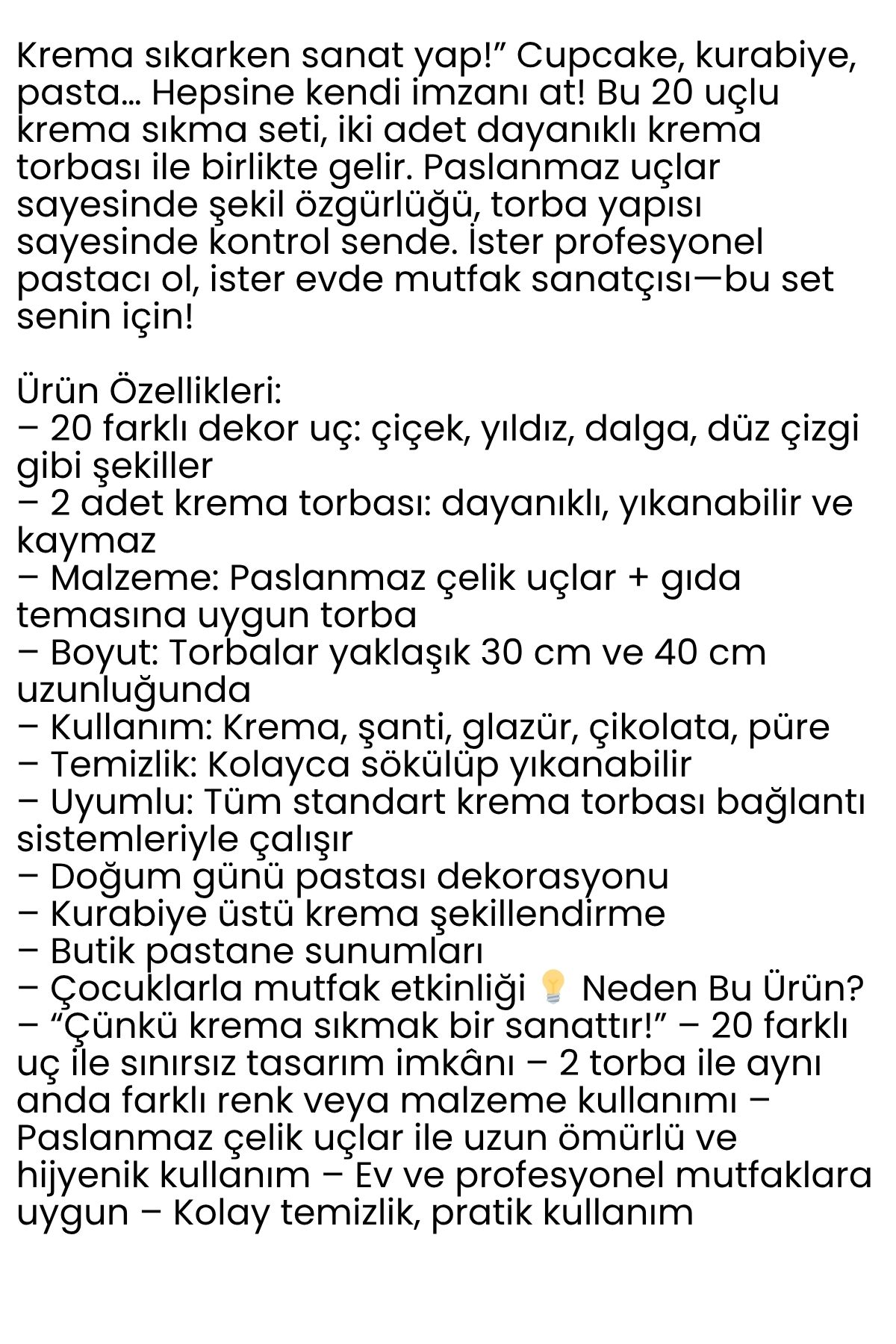 20 Uçlu Pasta Süsleme Seti – 2 Krema Torbası, Paslanmaz Uçlar, Profesyonel ve Ev Kullanımı İçin 722262