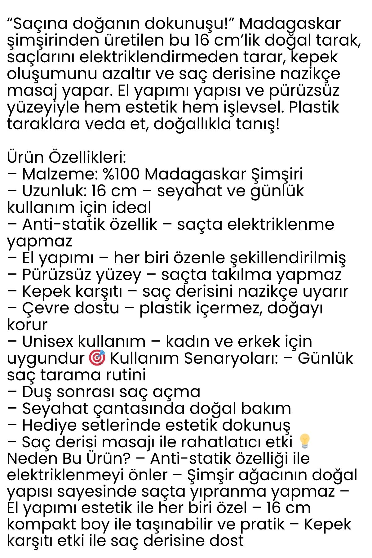 Doğal Şimşir Ahşap Tarak – 16 cm, Anti-statik, Kepek Karşıtı ve El Yapımı 722264
