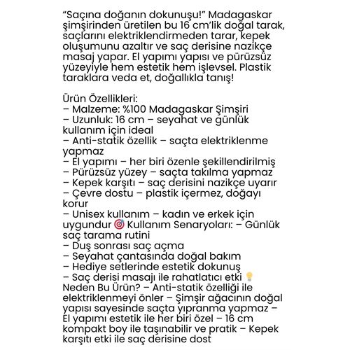 Doğal Şimşir Ahşap Tarak – 16 cm, Anti-statik, Kepek Karşıtı ve El Yapımı 722265