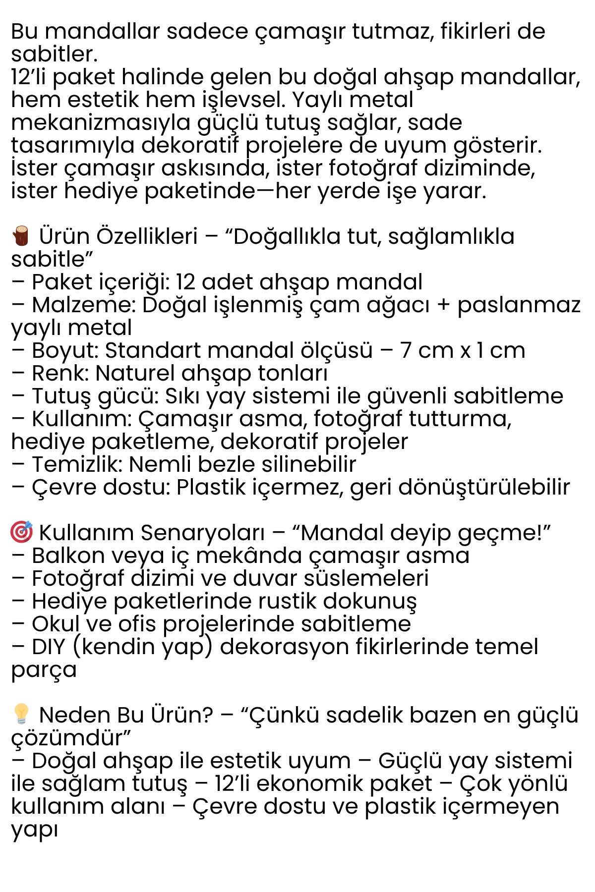 12’li Ahşap Mandal Seti – Doğal Görünümlü, Çok Amaçlı, Dayanıklı Yaylı Tasarım 717010