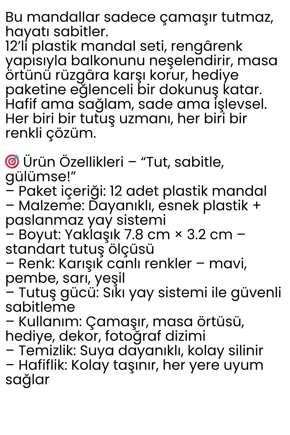 12’li Plastik Mandal Seti – Renkli, Dayanıklı, Çok Amaçlı Tutuş Ustası 722275