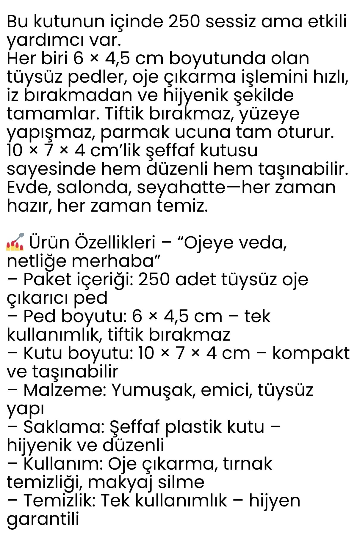 250’li Oje Çıkarıcı Tüysüz Ped – Plastik Kutulu, Kompakt, Hijyenik Tırnak Temizleme Mendili 722278