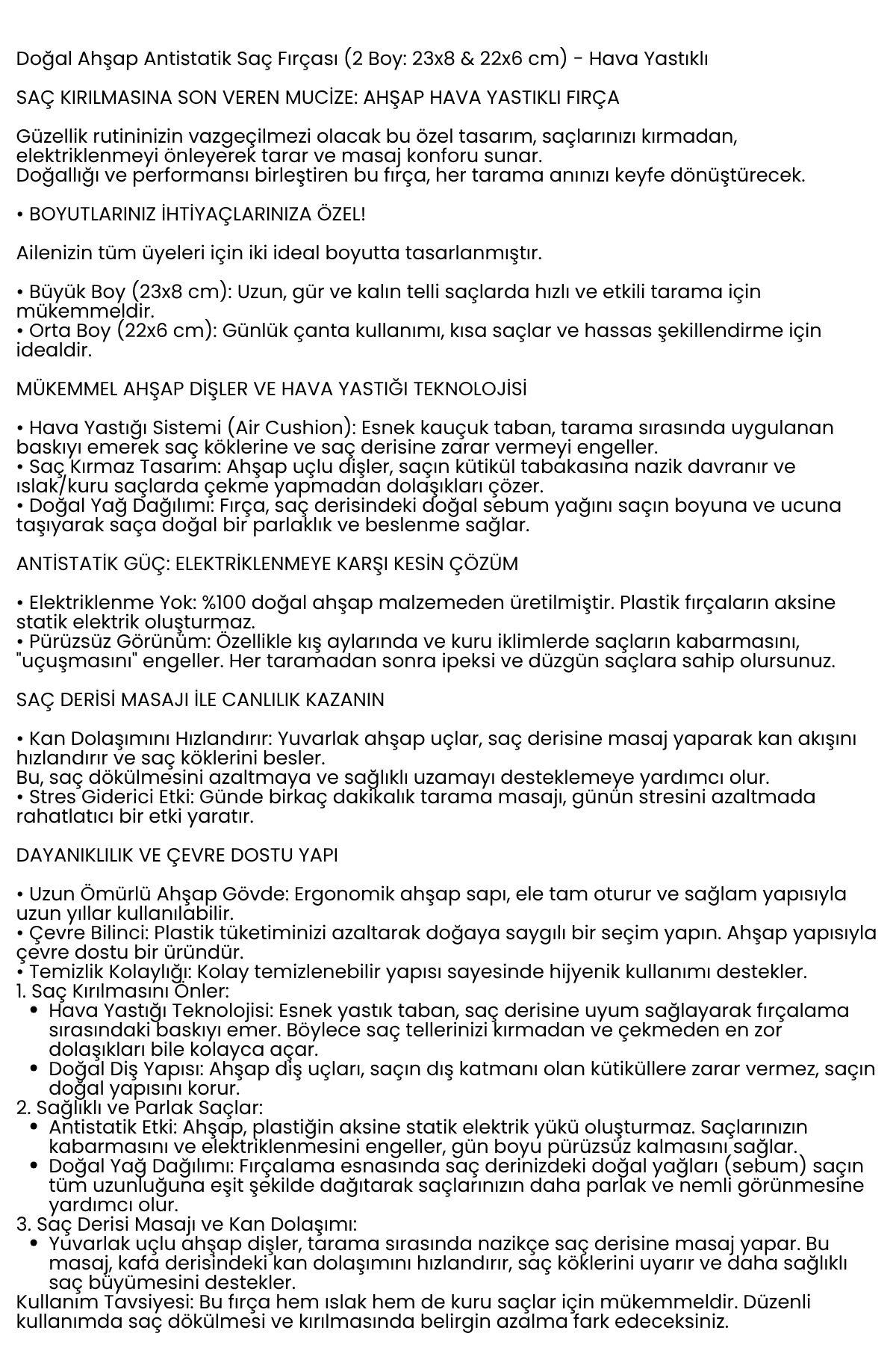 Doğal Ahşap Antistatik Hava Yastıklı Saç Fırçası (2 Boy: 23x8 & 22x6 cm) - 722280