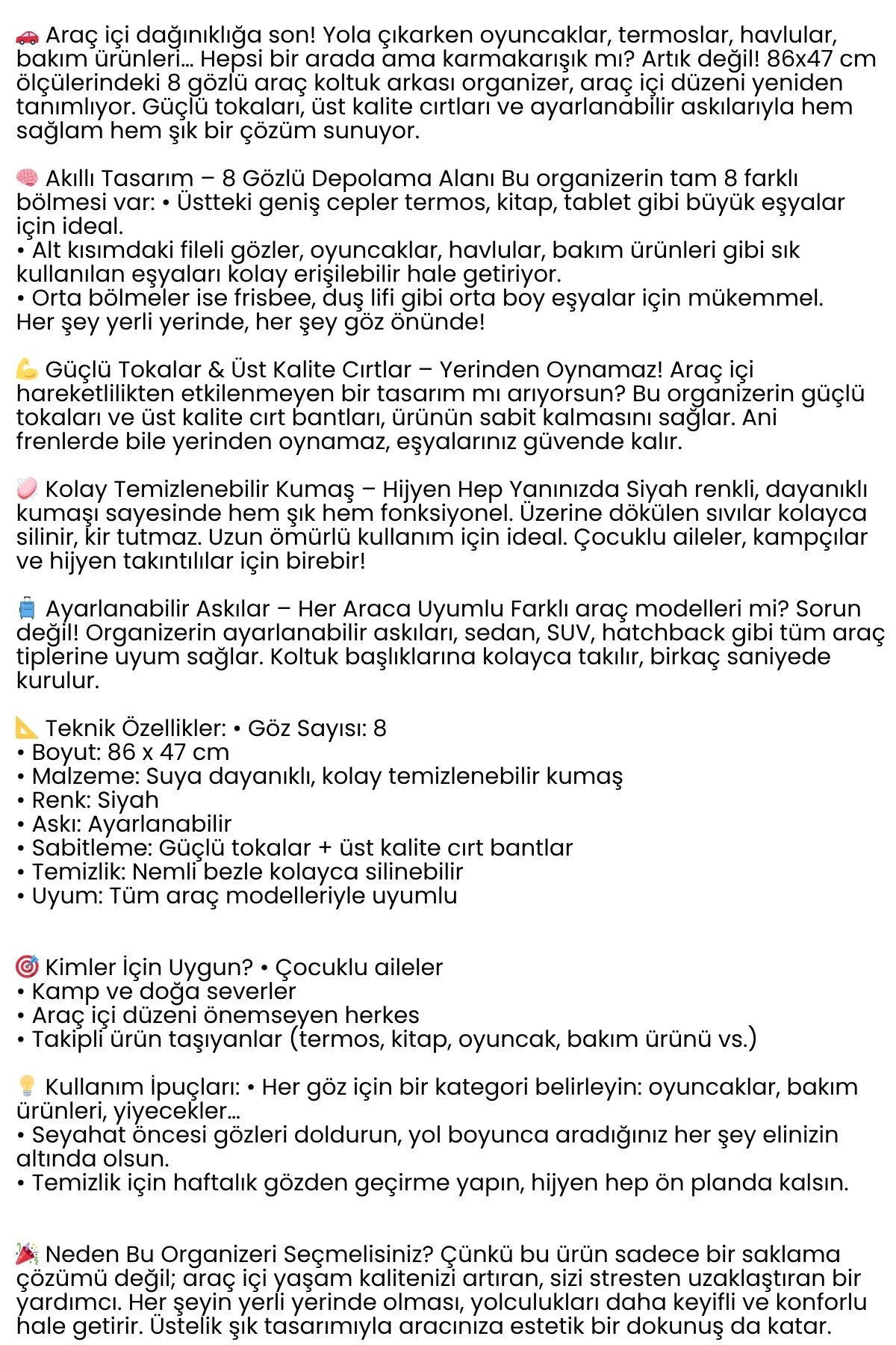 8 Gözlü Araç Koltuk Arkası Organizer – Güçlü Tokalı, Cırtlı, Ayarlanabilir Tasarım 722295