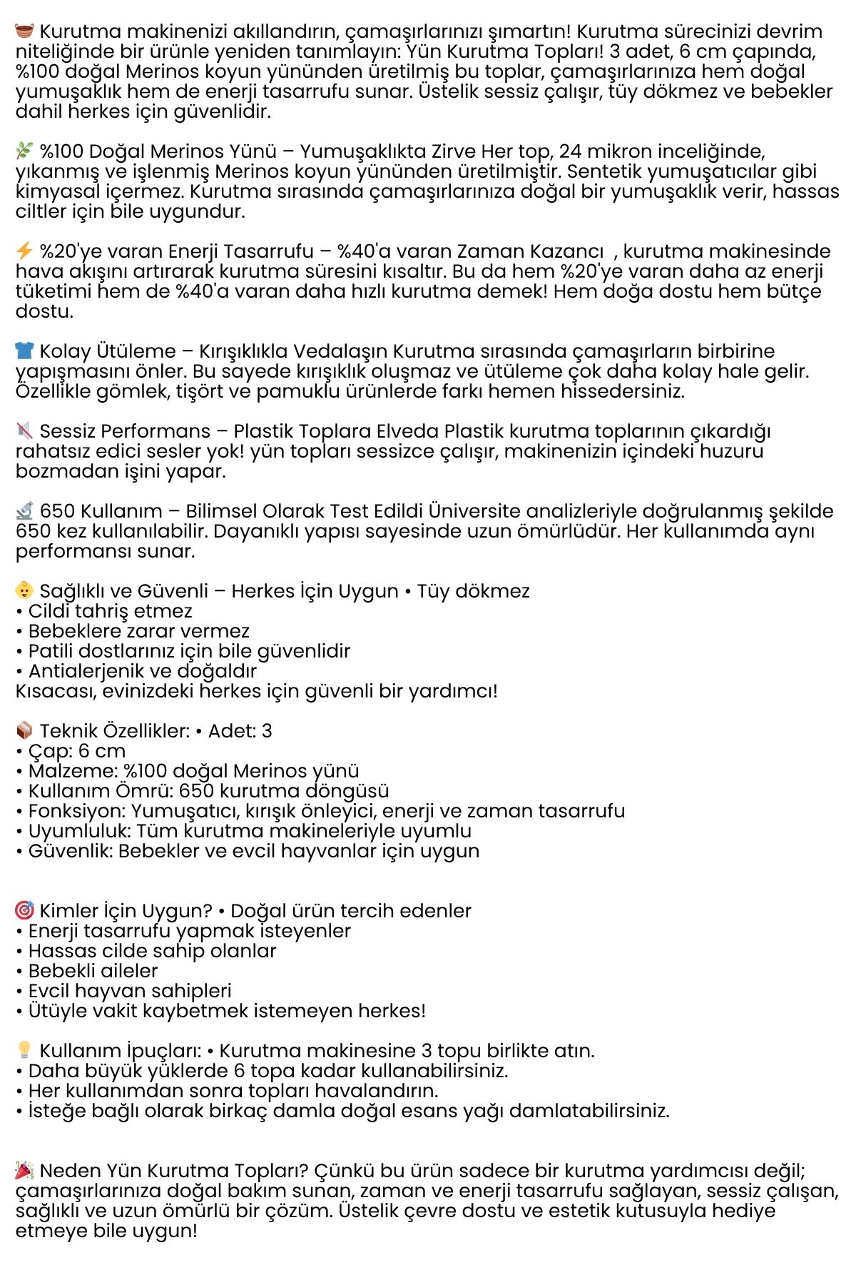 3’lü Kurutma Makina Topu – Merinos Yün Kurutma Topları Doğal Yumuşatıcı, Kırışık Önleyici, Enerji Tasarruflu 722296