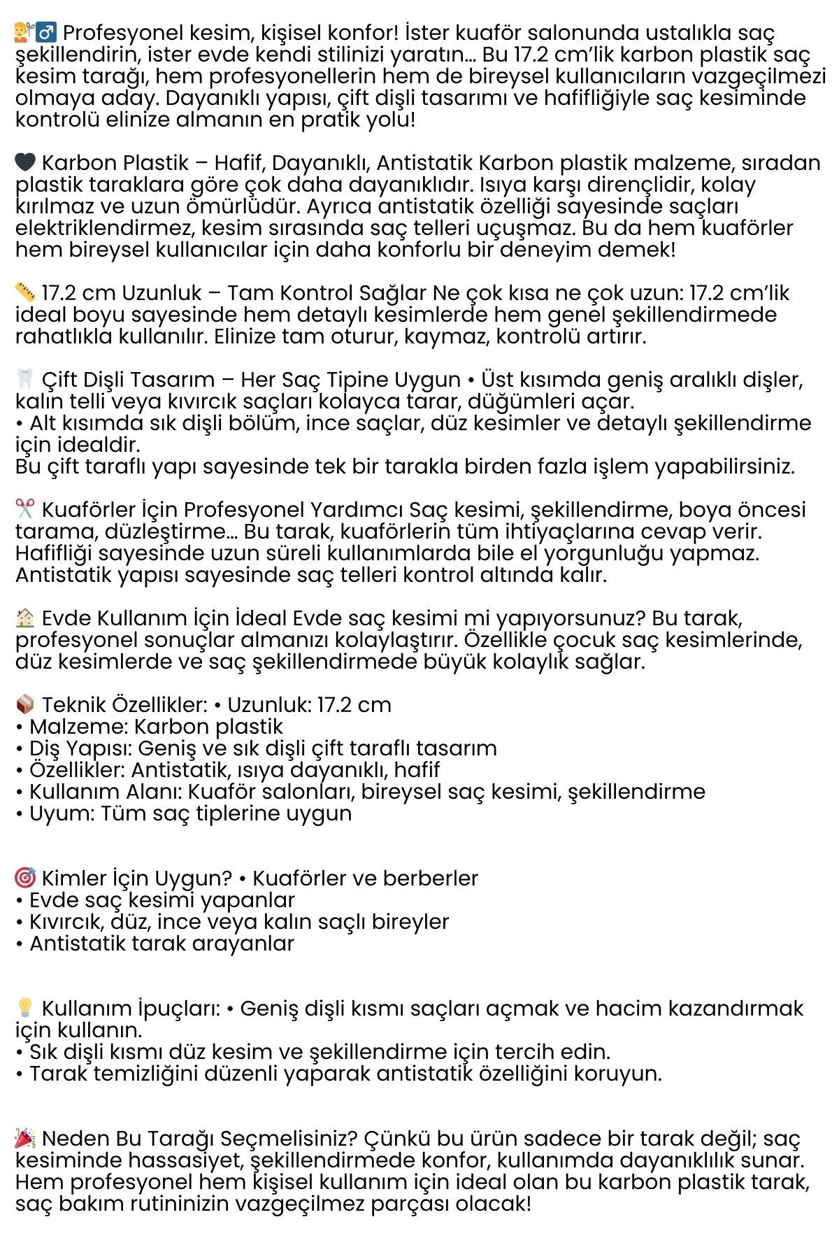 Karbon Plastik Saç Kesim Tarağı – 17.2 cm, Kuaför ve Kişisel Kullanıma Uygun 722298